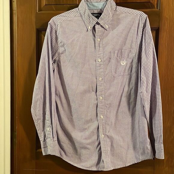 Chaps easy care Men’s lavender & white gingham checkered button down shirt M - Picture 4 of 16